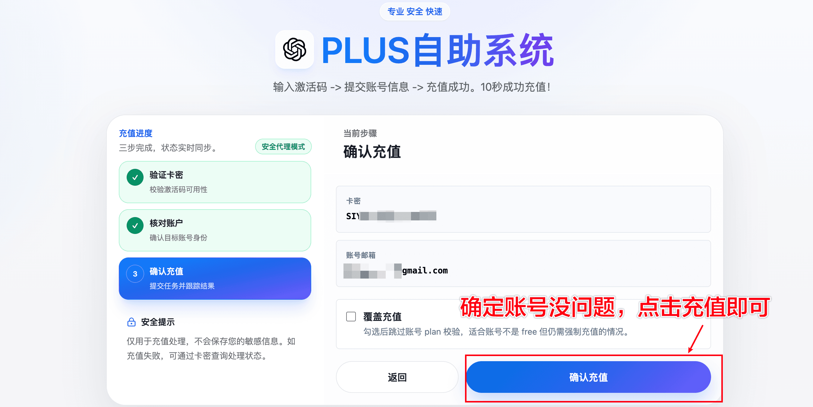 ChatGPT Plus 充值账号确认页面