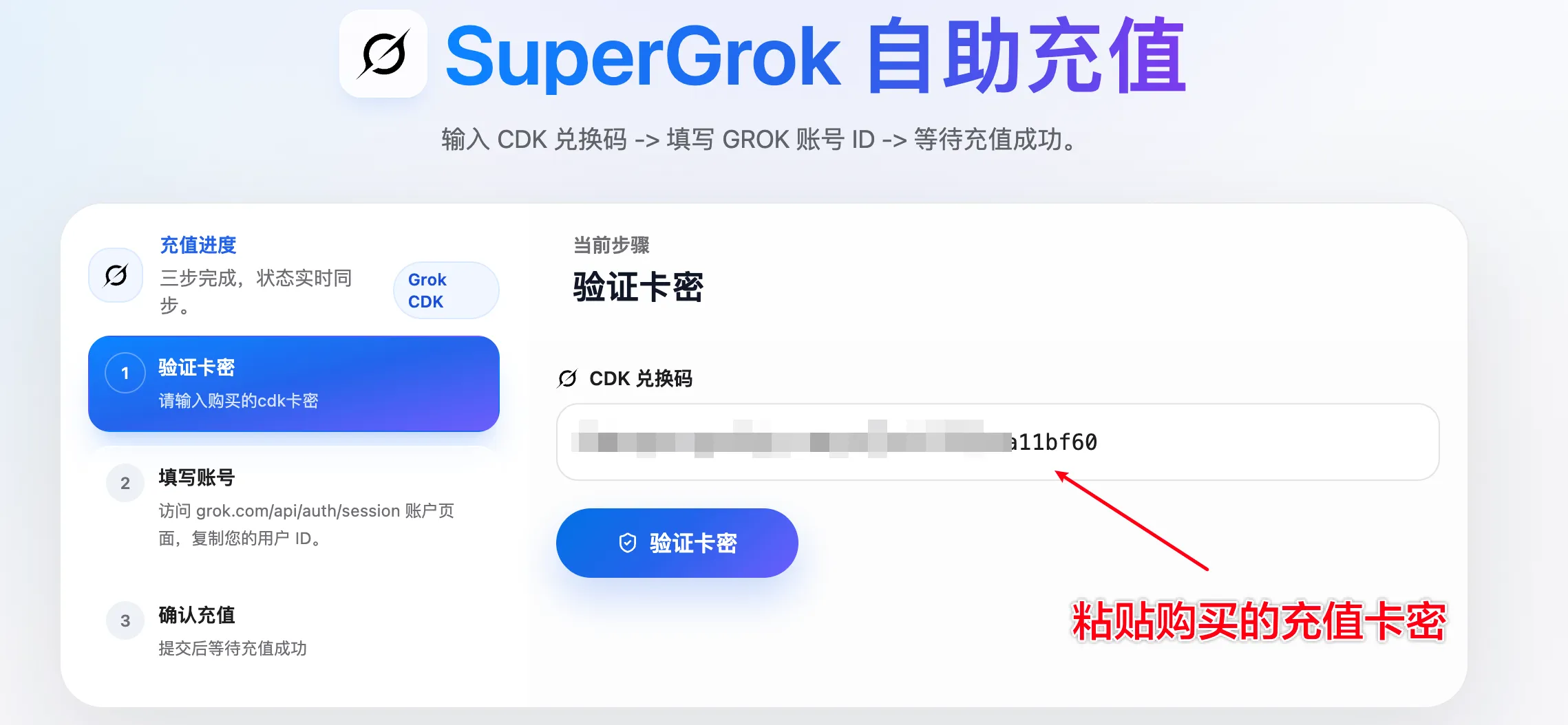 验证 Grok 自助充值卡密